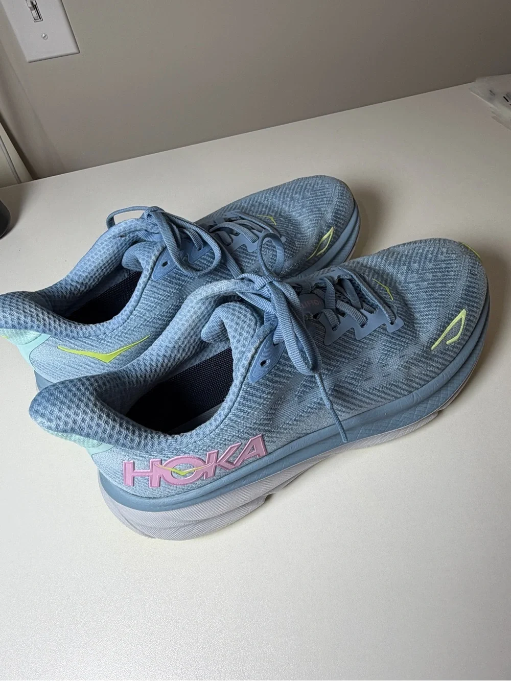 Women’s Hoka Clifton 3 9.5 Light Blue Running Shoes with Neon Yellow Accents